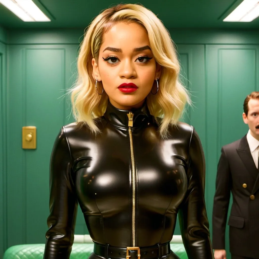 Prompt:  Rita Ora wearing a total latex fetishised black suite in a Wes Anderson Scenario 