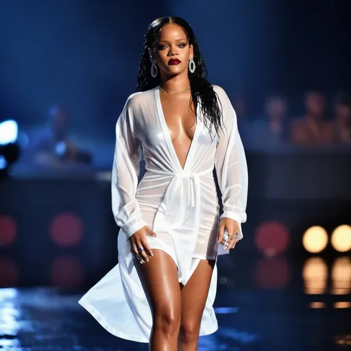 Prompt: Ultra realistic Rihanna in a slim white and wet dress, with a eyes makeup,  wet messy hair, tanned skin, exposed intimacy, sensual look, full body image, dim light, at rainy night, wet skin, wet cloth, in Sanremo Festival