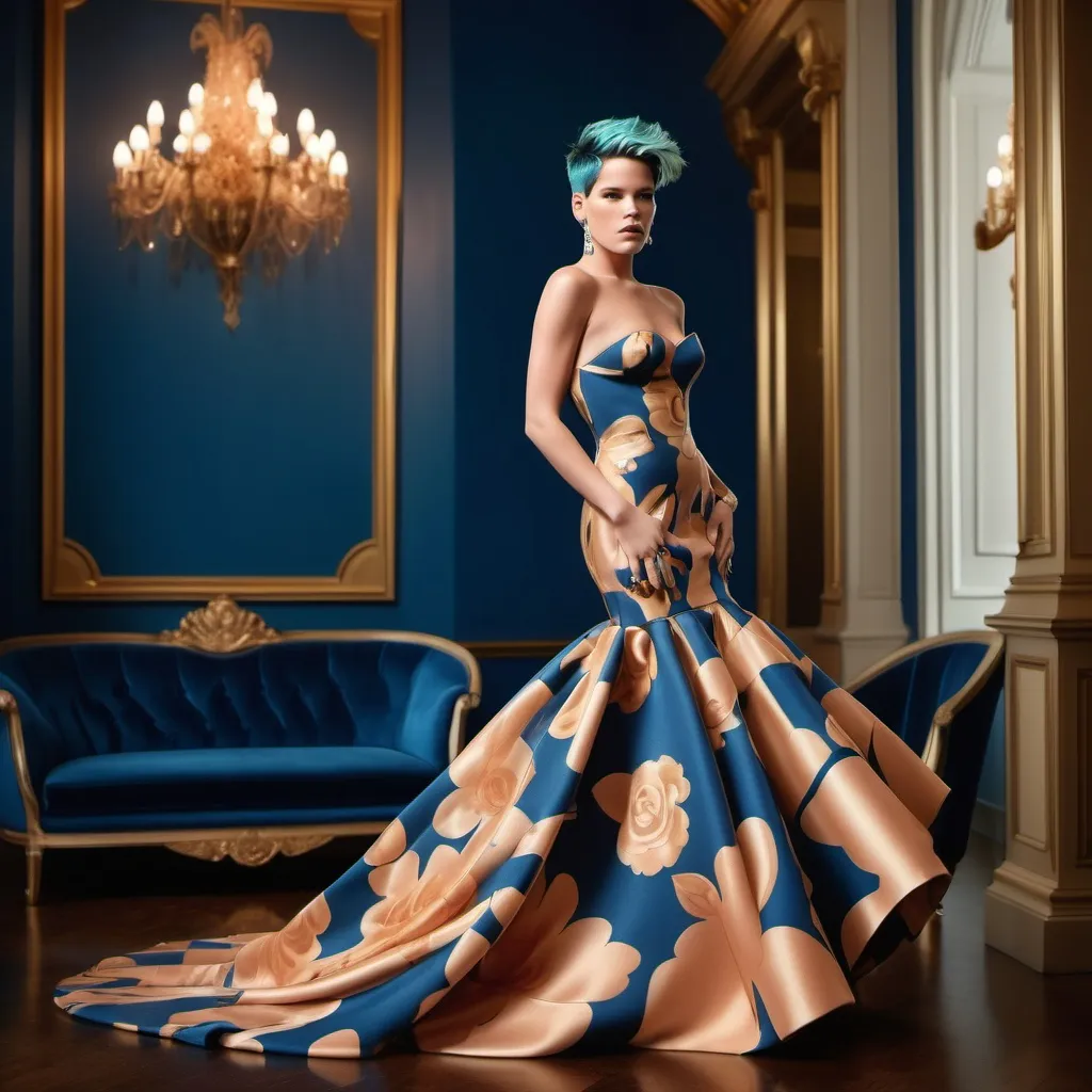 Prompt: Halsey (in a stunning long shaped Moschino dress), capturing an elegant poise, set against a glamorous backdrop, rich colors blended into a high contrast scene, soft ambient lighting highlighting the dress details, stylish accessories enhancing the royal aesthetic, flowing fabric, luxurious textures, surrounded by a warm and inviting atmosphere, high definition, ultra-detailed, fashion photography.