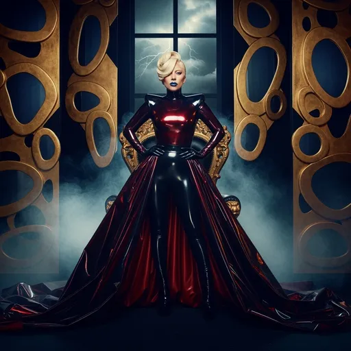 Prompt: In a striking scene illuminated by dramatic, high-contrast lighting, Lady Gaga, the latex queen, stands confidently in a lavishly opulent throne room. Her form-fitting, shimmering latex outfit reflects hues of deep crimson and obsidian black, the fabric sculpting her figure like liquid metal. The walls of the throne room glisten with gold accents, adorned with oversized, abstract mirrors that catch the light in a thousand directions. Around her, ethereal smoke swirls, enhancing the mysterious ambiance. Her fierce gaze pierces through the haze, lips painted a bold, electric blue, exuding power and charisma. In the background, a distant window reveals a stormy sky, casting an otherworldly glow that heightens the dramatic atmosphere. The scene is envisioned in dark fantasy photo, capturing the essence of avant-garde fashion and regal fierceness.