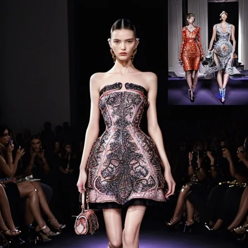 Prompt: (Miu Miu dress), (high fashion), vibrant colors, stylish elegance, chic design, soft fabric folds, intricate details, luxurious textures, fashion runway ambiance, ultra-detailed, glamorous lighting, captivating silhouette, artistic presentation, modern haute couture, fashion statement, innovative styling, fashionable setting, stunning visual appeal.