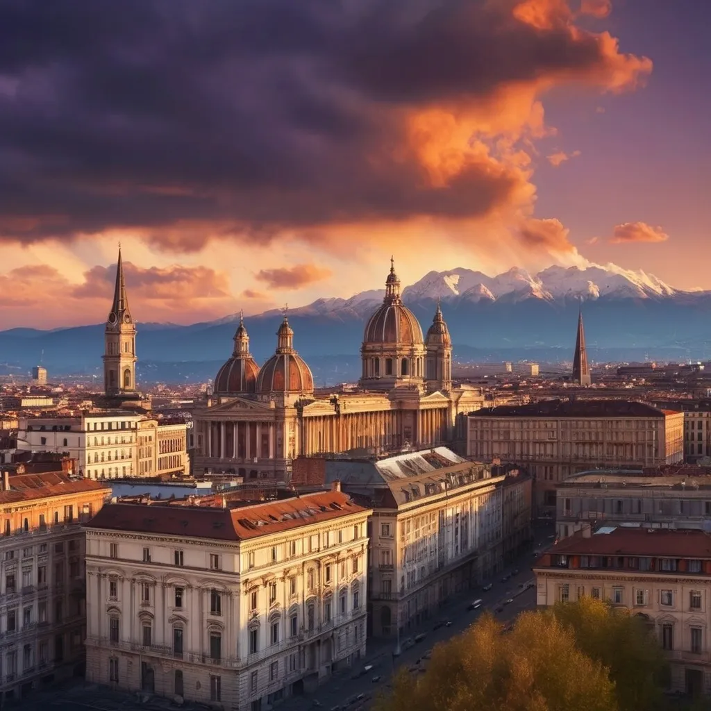 Prompt: (Torino) skyline at sunset, capturing iconic architecture, atmospheric reflections, and the warm glow of the setting sun. Dramatic clouds converge with deepening hues of orange and violet, enhancing a breathtaking panorama. Nostalgic vibe, with people leisurely walking in the streets. (High definition), showcasing the city's charm and elegance in every detail.