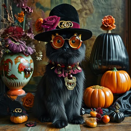 Prompt: (Halloween Gucci), a luxurious and spooky atmosphere, featuring elegant typography with intricate spooky designs, rich, dark color palette of deep purples and blacks, a stylish and playful mix of iconic Gucci elements with macabre Halloween motifs, high detail, (ultra-detailed), eerie yet festive vibe, creative blend of fashion and fright.