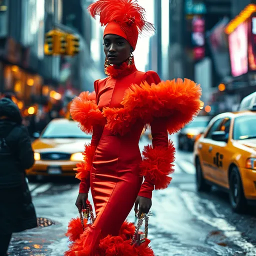 Prompt: (red plume dress, Manolo Blahnik shoes), vibrant colors, elegant fashion statement, striking amidst an urban backdrop, bustling streets of New York City, dramatic angles capturing the essence of city life, bright lights and modern architecture, high fashion atmosphere, (ultra-detailed), (4K) quality, stylish and cosmopolitan ambiance.