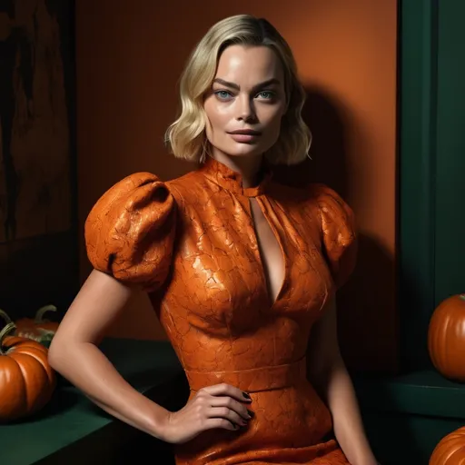 Prompt: (elegant display of Margot Robbie), (sophisticated dress by Bottega Veneta), inspired by pumpkins and Halloween, rich orange and deep green colors, luxurious textures, intriguing shadows, dramatic, cinematic lighting, captivating autumn ambiance, high fashion, stunning detail, high definition, artistic expression, celebrating Halloween aesthetics, exquisite style, perfect for a fashion magazine.