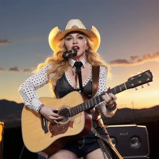 Prompt: (Madonna as a country singer), (bold expression), wearing a stylish western outfit with a cowboy hat, holding a guitar, long flowing hair, vibrant colors, (outdoor concert backdrop), warm sunset lighting, (high energy atmosphere), capturing a fusion of pop and country, (detailed facial features), ultra-detailed, HD.