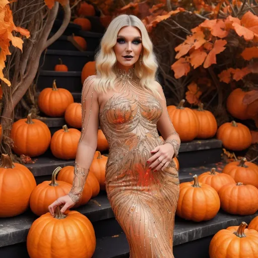 Prompt: Kesha in a (stunning glittering Bob Mackie dress), inspired by Halloween, surrounded by (vibrant orange pumpkins), retro-inspired look, lively atmosphere, (dramatic lighting), whimsical details, captivating glam, festive elements, high-energy vibe, magical setting, autumn backdrop, (ultra-detailed), (HD).