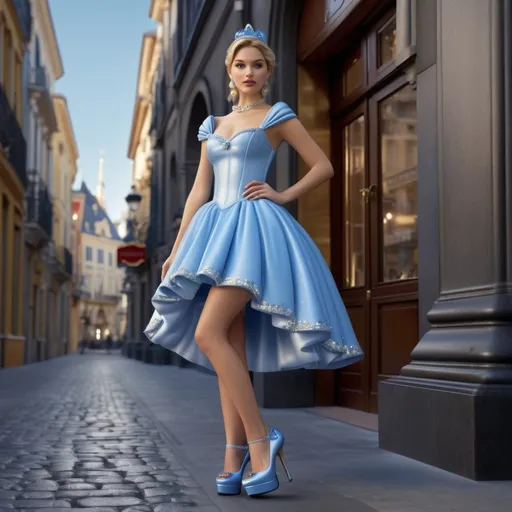 Prompt: Hyper realistic 64k 3d Cinderella in hyper realistic and very detailed 64 3d hd, wearing a Prada minidress and heels with platform outfit, very detailed Moschino dress 64k Reflex ultra hd quality and very detailed Moschino heels 64k ultra hd quality 