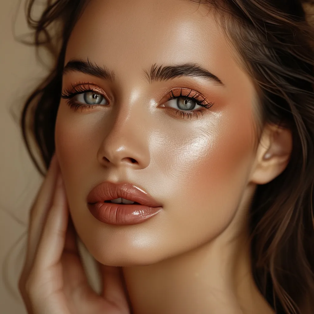 Prompt: (deborah milano makeup), (full face makeup application), radiant skin, bold eyeshadow colors, glamorous lip hues, expert contouring, strategically applied highlighter, elegant hairstyle, vivid cosmetic products scattered around, professional lighting, warm tones, elegant ambiance, beauty-focused composition, ultra-detailed, high definition, modern beauty art concept.