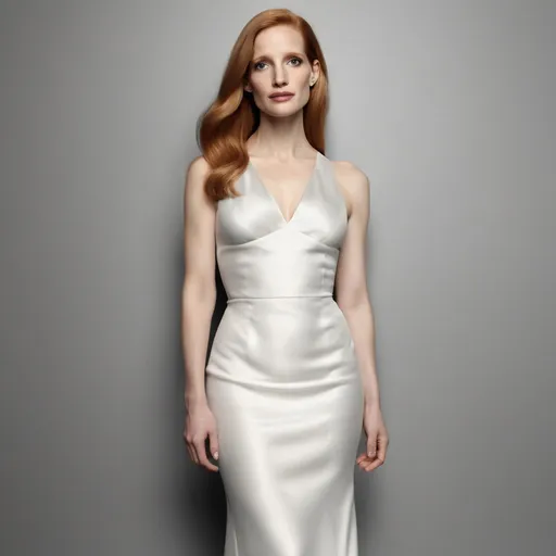 Prompt: Jessica Chastain wearing Calvin Klein minimal 90s dress with long straight hair 