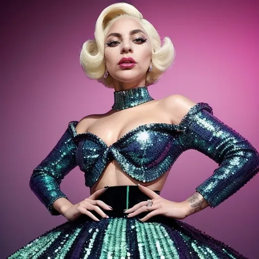 Prompt: Lady Gaga (striking pose), fashion icon, wearing (elegant) MiuMiu ensemble, dramatic theatrical makeup, bold accessories, glittering sequins, vibrant colors, high-fashion style, expressive facial features, ultra-detailed, captivating ambiance, modern glamour, sumptuous lighting, background in a chic urban setting, showcasing glamorous fashion atmosphere, HD quality.