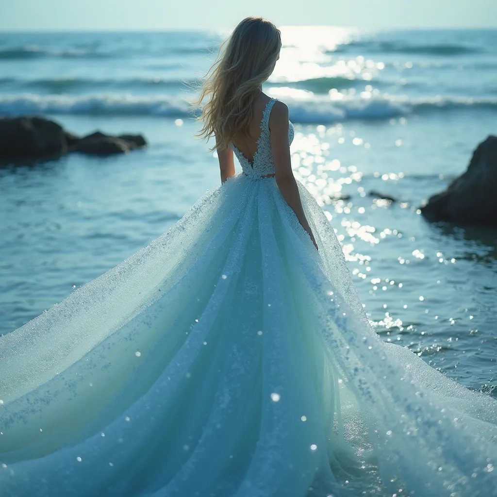 Prompt: dress made with water, ethereal flowing gown made of shimmering water, cascading and merging with soft waves, sparkles reflecting light, creating a sense of fluid elegance, tranquil ambiance, touch of fantasy, serene background of a peaceful ocean, high detail, 4K resolution, captivating and dreamy atmosphere.