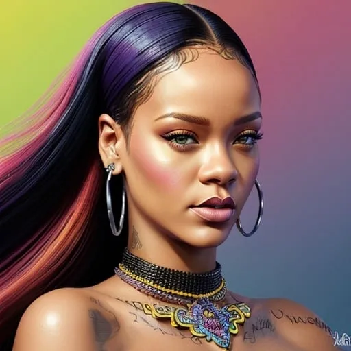 Prompt: Detailed digital illustration of Rihanna, vibrant and bold colors, high fashion attire, striking makeup and accessories, ultra-realistic, digital painting, glamorous and elegant, intricate hair details, professional portrait, high-resolution, hyper-realism, dramatic lighting, colorful and vibrant, celebrity portrait, stylish and sophisticated