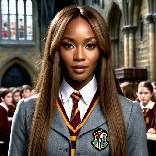 Prompt: Hyper realistic Naomi Campbell as a very detailed ultra hd 64k 3d quality Hermione Granger at Hogwarts background 