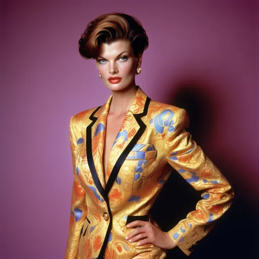 Prompt: (Linda Evangelista wearing Moschino 90s tailleur), meticulously detailed fashion portrait, iconic 90s style, elegant pose, bold patterns and colors, luxurious fabric textures, captivating expression, vibrant background echoing nostalgia, ambient lighting enhancing the ensemble, high fashion ambiance, (ultra-detailed), (4K) resolution, strikingly stylish representation of haute couture from that era, rich historic context intertwined with modern sensibilities.