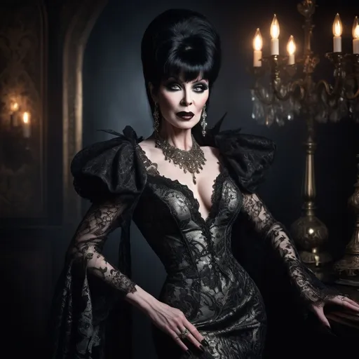 Prompt: (Cinematic portrait of Elvira), wearing (iconic Rabanne couture), dramatic lighting, expressive pose, high contrast, shadow play, vintage elegance, ultra-detailed, gothic-inspired elements, soft muted tones juxtaposed with bold metallic, intricate patterns, captivating and enigmatic expression, stylish and chic, luxurious fabric textures, fashion masterpiece