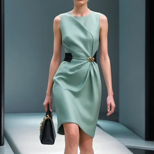 Prompt: (Prada dress), elegant fashion design, high-fashion couture, refined silhouette, luxury fabric textures, sophisticated draping, minimalist style, modern chic aesthetic, rich textures, beautifully tailored, vibrant color palette, high-quality craftsmanship, striking details, beautifully lit, ultra-detailed, fashion runway inspiration, capturing the essence of contemporary elegance.