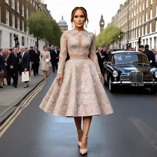 Prompt: Hyper Realistic and very detailed Jennifer Lopez wearing a hyper realistic and very detailed Valentino 50s look with a very detailed Valentino dress and very detailed Valentino shoes in the centre of a very accurate 50s London 64k Hd, very accurate 3D 