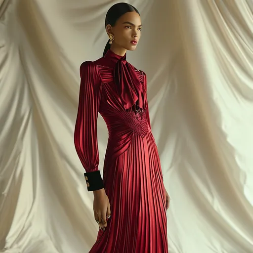 Prompt: (Gucci burgundy leather silk long dress), elegant design, luxurious fabric, rich deep red tones, exquisite texture, delicate silk touches, dramatic lighting, high fashion style, upscale ambiance, tailored fit, sophisticated vibe, 4K resolution, ultra-detailed, fashion showcase setting, refined atmosphere