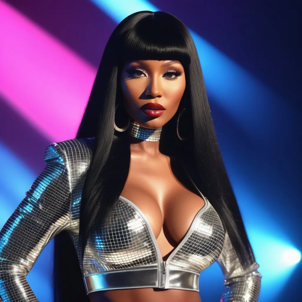 Prompt: Hyper realistic Nicki Minaj as hyper realistic Naomi Campbell wearing a very accurated and hyper realistic look as rave dancer in the 1990s in Madrid 3d quality 64k Hd