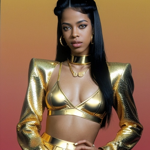 Prompt: Aaliyah wearing 80s gold Gucci cyber look