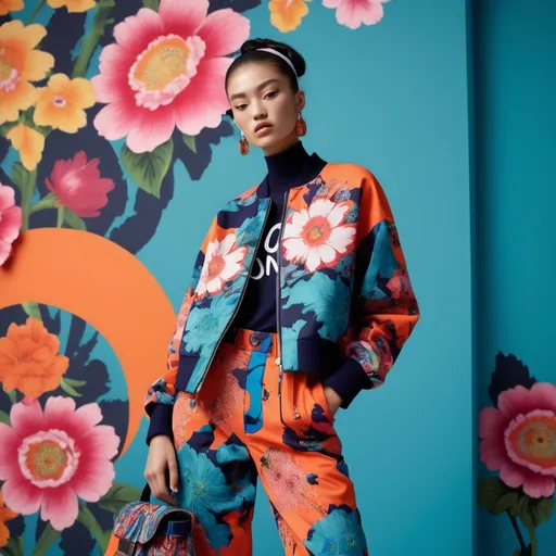 Prompt: Kenzo look, (vibrant colors), fashion-forward outfit, (dynamic patterns), bold floral designs, contemporary streetwear, model posing confidently, (energetic vibe), high-contrast lighting, urban background with a textured wall, stylish accessories, (ultra-detailed), impeccable silhouette, emphasizing modern aesthetics, (eye-catching visuals)