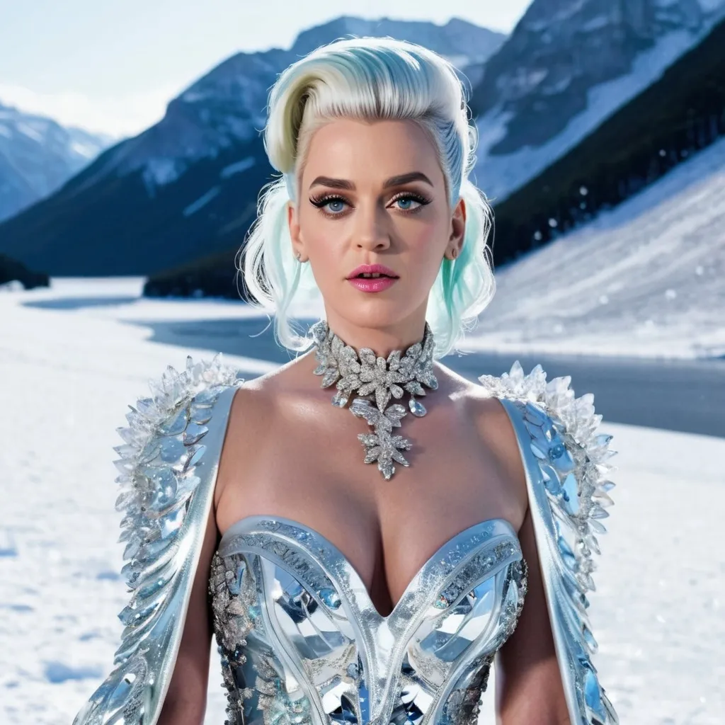 Prompt: Katy Perry ice woman with platinum hairs, crystal schoulders, icy and flowery dress in the winter landscape