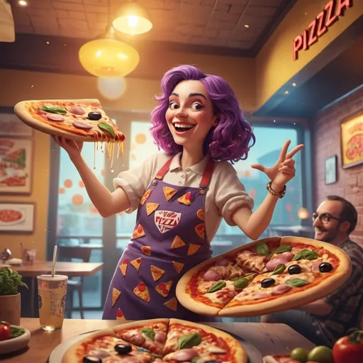 Prompt: (pizza personification), colorful illustration depicting a lively character with cheesy features, wearing toppings as attire, cheerful expression, and relaxed pose, a vibrant backdrop of a pizzeria with warm lighting, inviting atmosphere, high detail, showcasing creativity and whimsy, fun vibe, ultra-detailed 4K quality.