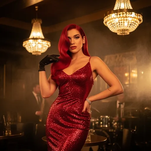 Prompt: Visualize Dua Lipa transformed into the sultry character of Jessica Rabbit, radiating confidence and allure. She stands in a glamorous, dimly lit jazz club, the warm glow of vintage chandeliers casting a golden hue that dances across her shimmering red gown. Her hair cascades in luxurious waves, echoing Jessica's iconic red locks, with a hint of playful mischief in her sultry gaze. The smoky ambiance is filled with swirling shadows and the distant sound of a jazz band, enhancing the scene's intimate, nostalgic feel. Dua’s pose is elegant yet inviting, her hand gracefully resting on her hip, while the glint in her eyes holds a secret. This cinematic lighting captures the essence of a classic film noir, inviting viewers into a world of glamour and intrigue.