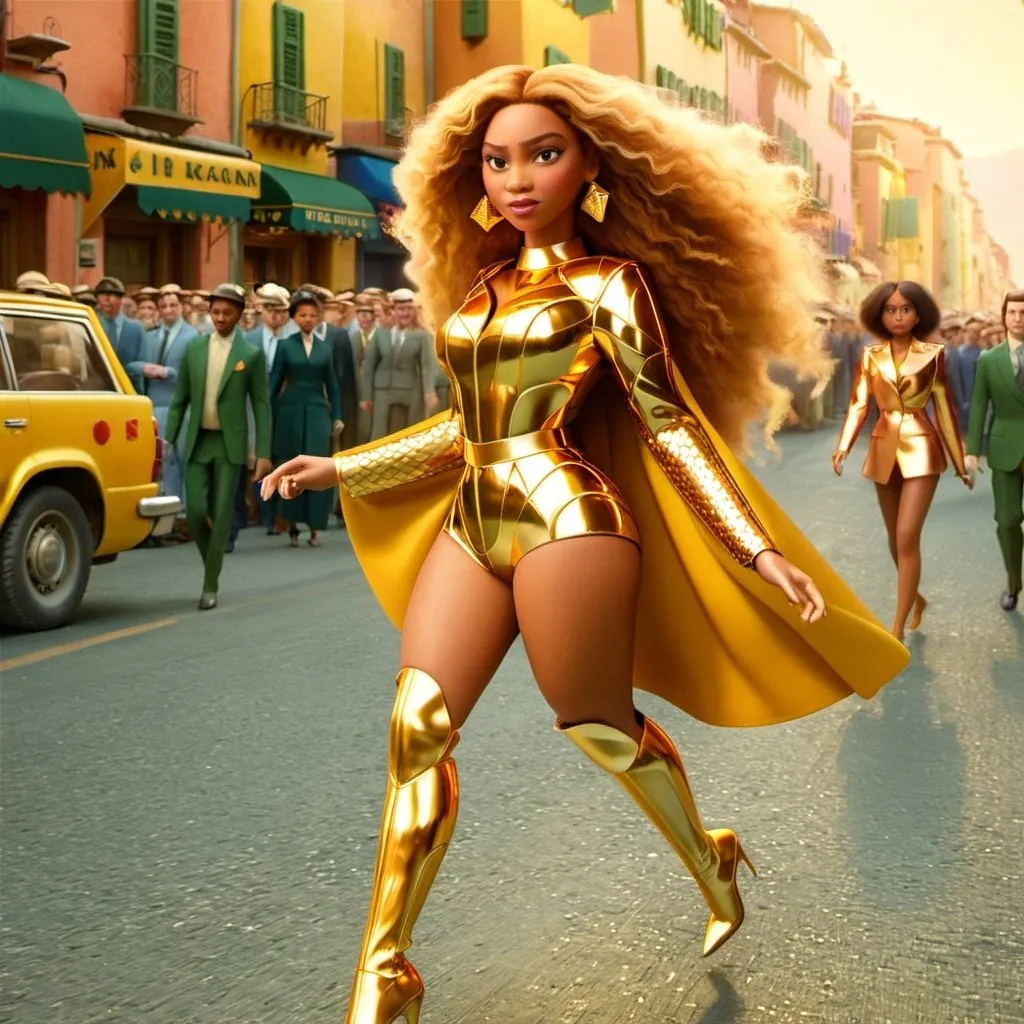 Prompt: Beyonce wearing golden metal suit by Paco Rabanne in a Wes Anderson scenario 