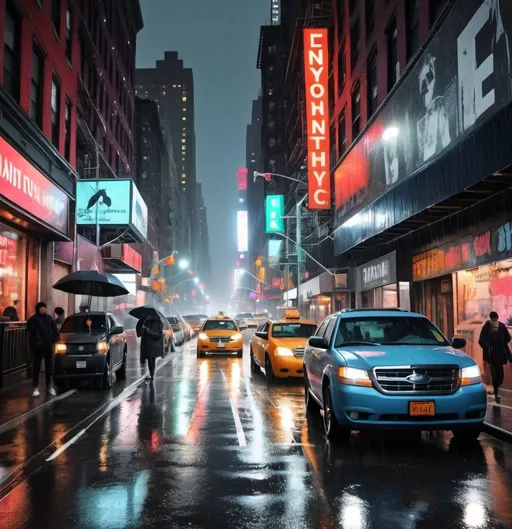 Prompt: nyc with vibrant lights at night looking edgy and cool in the rain 