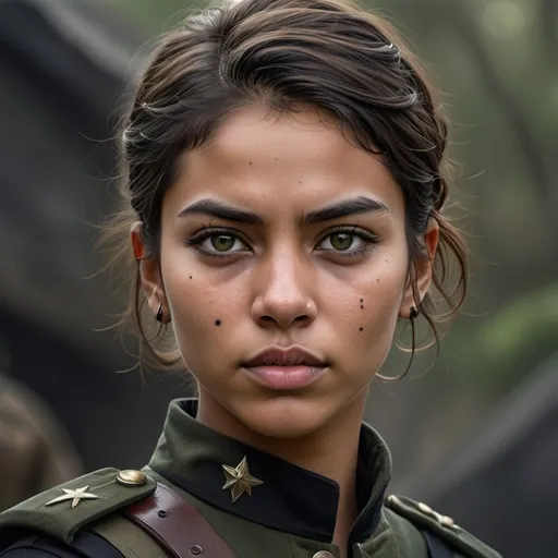 Prompt: Half body Soldier girl, wearing black soldier uniform dark brown skin, short wavy brown open hair, a 8 ear piercings, green sharp small eyes and very thin sharp eyebrows 