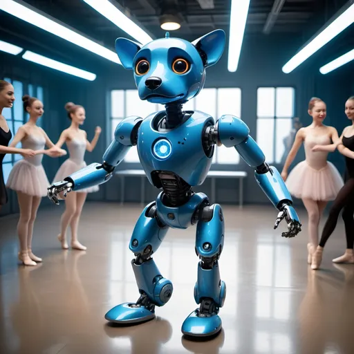 Prompt: High-res, detailed facial expression, friendly, energetic atmosphere, professional photography quality, cute blue robot dog ballet dancing, cool lighting, futuristic setting, sleek design, dynamic movement, sci-fi, robotic, professional photography, detailed mechanics, ballet performance, futuristic, lively, vibrant atmosphere