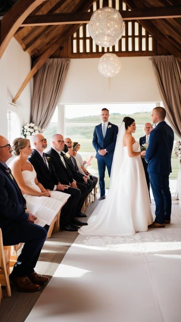 Prompt: A beautiful shot of the wedding ceremony with guests watching.