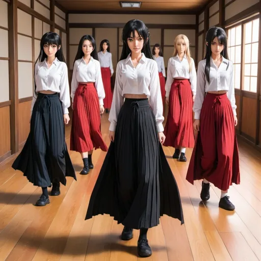 Prompt: Multiple long-straight-black haired anime girls with untied hair who are wearing red pleated maxi long skirts that are extremely long while training with each other on how to fight. The anime girls are training on a wooden floor and their weapons are short wooden poles. The girls are wearing white buttoned shirts. The red pleated maxi long skirts are very long.