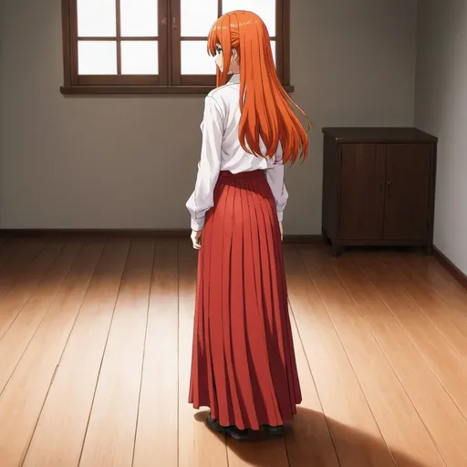 Prompt: The back of a long-straight orange haired anime girl with loose hair. The anime girl is wearing a buttoned shirt and a red pleated floor-length maxi long skirt that is extremely long. The anime girl is standing on a wooden floor. The long pleated skirt is red in color.