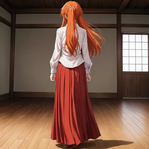 Prompt: The back of a long-straight orange haired anime girl with loose hair. The anime girl is wearing a buttoned shirt and a red pleated floor-length maxi long skirt that is extremely long. The anime girl is standing on a wooden floor. The long pleated skirt is red in color.