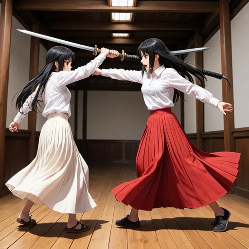 Prompt: Multiple long-straight-black haired anime girls with untied hair who are wearing red pleated maxi long skirts that are extremely long while fighting each other. The anime girls are fighting on a wooden floor and their weapons are short wooden poles. The girls are wearing white buttoned shirts. The red pleated maxi long skirts are very long.