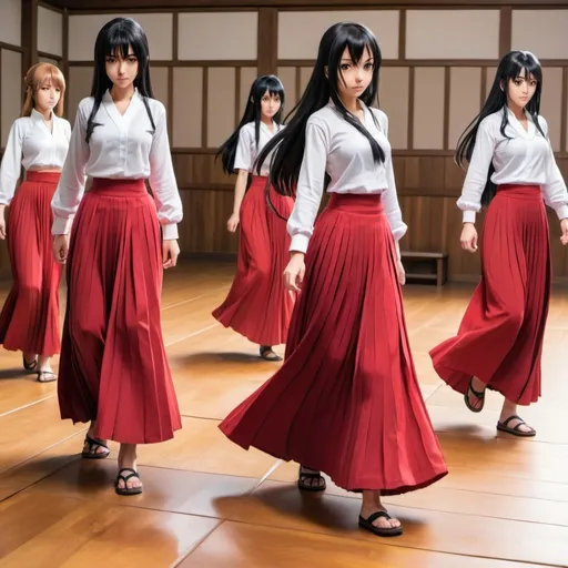 Prompt: Multiple long-straight-black haired anime girls with untied hair who are wearing red pleated maxi long skirts that are extremely long while training with each other on how to fight. The anime girls are training on a wooden floor and their weapons are short wooden poles. The girls are wearing white buttoned shirts. The red pleated maxi long skirts are very long.