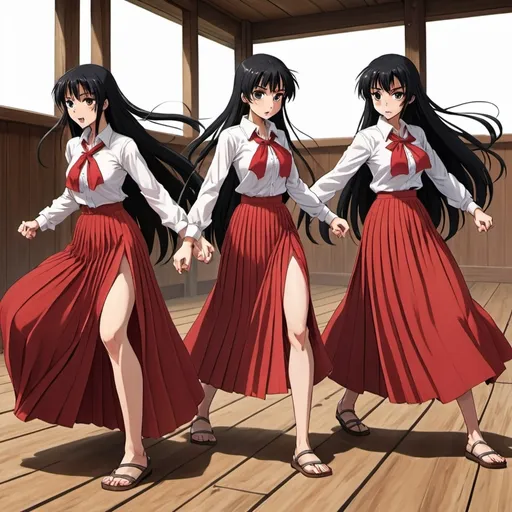 Prompt: Multiple long-straight-black haired anime girls with untied hair who are wearing red pleated maxi long skirts that are extremely long while fighting each other. The anime girls are fighting on a wooden floor and their weapons are short wooden poles. The girls are wearing white buttoned shirts. The red pleated maxi long skirts are very long.