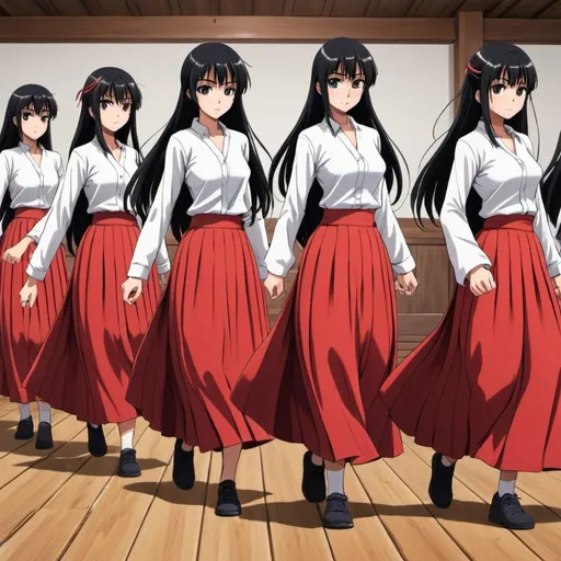 Prompt: Multiple long-straight-black haired anime girls with untied hair who are wearing red pleated maxi long skirts that are extremely long while training with each other on how to fight. The anime girls are training on a wooden floor and their weapons are short wooden poles. The girls are wearing white buttoned shirts. The red pleated maxi long skirts are very long.