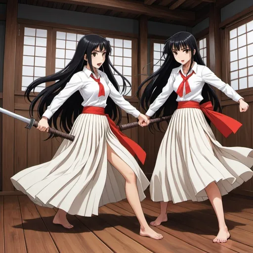 Prompt: Multiple long-straight-black haired anime girls with untied hair who are wearing red pleated maxi long skirts that are extremely long while fighting each other. The anime girls are fighting on a wooden floor and their weapons are short wooden poles. The girls are wearing white buttoned shirts. The red pleated maxi long skirts are very long.