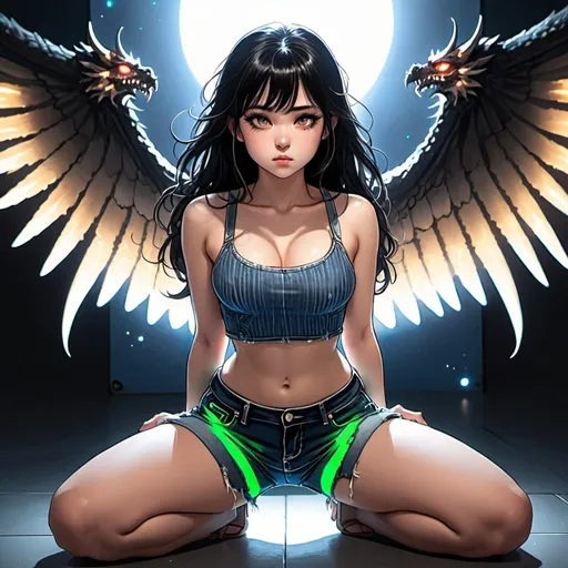 Prompt: Thicc woman in crop top and denim shorts, space eyes, angel halo, dragon wings, black hair, kneeling pose, manhwa style, intense lighting, professional art quality, dark tones, detailed facial expressions, dynamic composition, dramatic storytelling