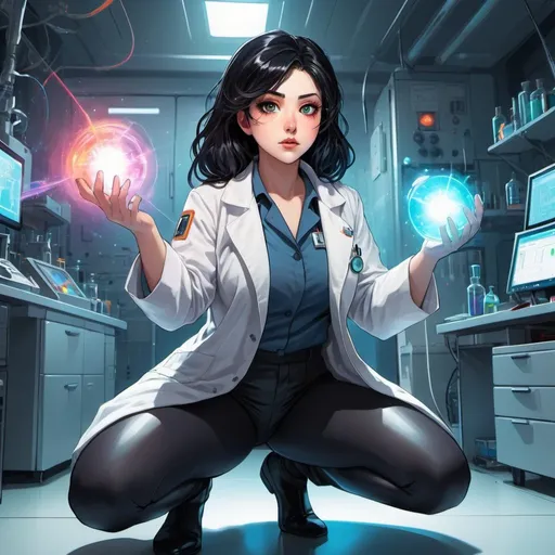 Prompt: Thicc woman with space-like eyes, black hair, scientist lab coat, kneeling, manhwa style, conducting experiment, detailed eyes, professional, atmospheric lighting, vibrant colors, highres, detailed hair, sleek design, intense gaze, scientist, futuristic setting, dynamic composition, bright and colorful, high-quality illustration