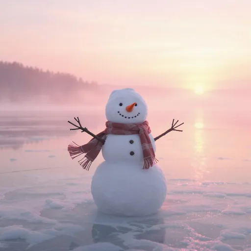 Prompt: Whimsical, [Christmas snowman outdoors – carrot nose replaced with tiny pinecone], [Setting – frozen lake at sunrise], [Composition – wide shot, 50% negative space], [Lighting – SOFT, pink dawn haze], [Additional info – wool scarf fluttering slightly], editorial content, high commercial value, shutterstock, no brand, clean and simple, no extra objects, minimal styling, neutral flat surface, no props, sample negative space, room for text, rule of thirds composition, shallow depth of field (f/2.8 look), background softly, no extra objects, soft glow