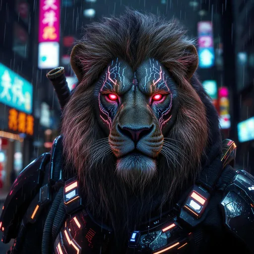 Prompt: A close-up portrait of a cyberpunk lion with neon-lit armor, intricate circuit-like tattoos on his face, glowing red eyes, and a futuristic katana resting on his shoulder. The background is a rainy Tokyo street with holographic advertisements, cinematic lighting, ultra-detailed, 8K, Unreal Engine rendering