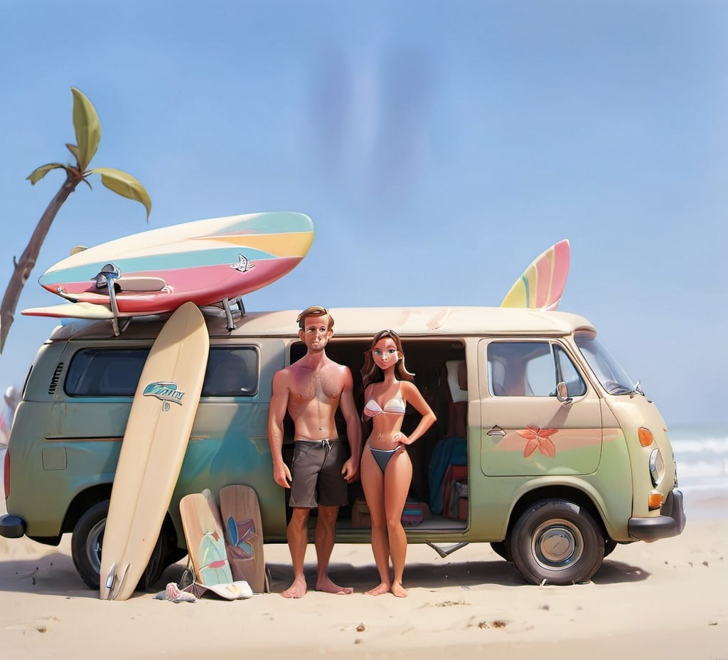 Prompt: a painting of a van and surfboards on the beach with a woman standing next to it and a man standing next to it, David Brewster, naive art, summer, an airbrush painting