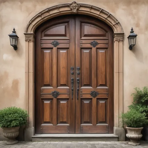 Prompt: create a hi-res photo of a large brown double wooden door with an antique look