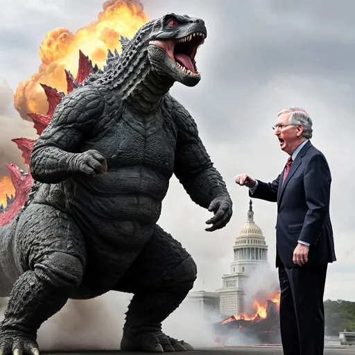 Prompt: Mitch Mcconnell fighting godzilla