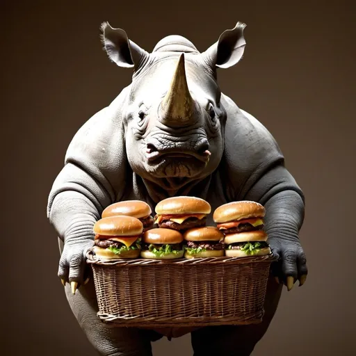 Prompt: Rhinoceros holding basket full of hamburgers